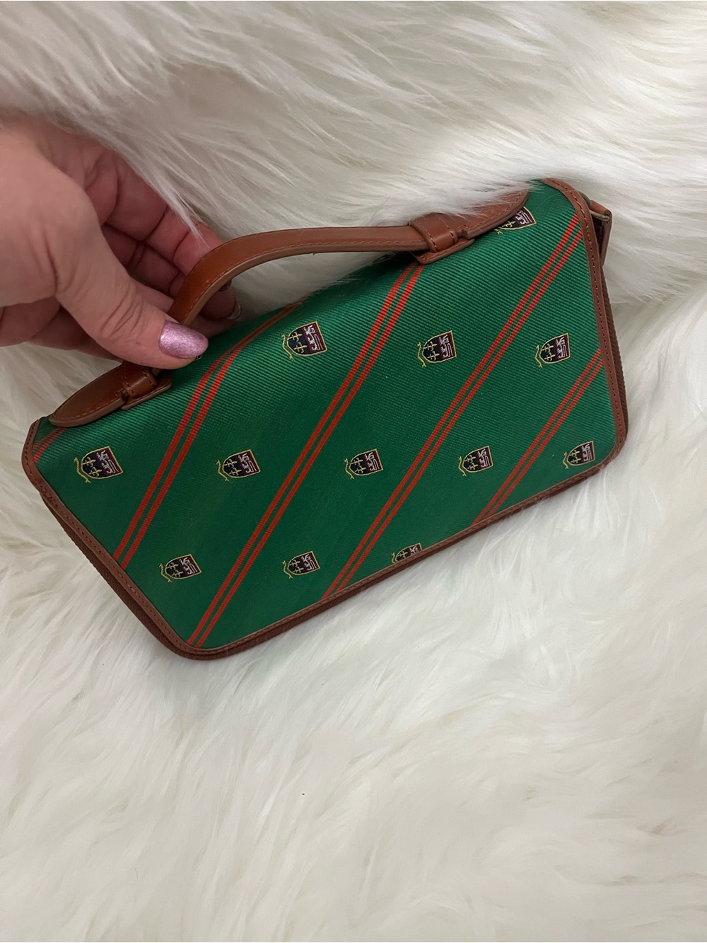 Polo by Ralph Lauren Green Crest Stripe Toiletry Bag with Brown Trim